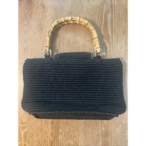 Talbots Black Paper Straw Purse With Bamboo‎ Handles